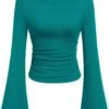 Women's Long Sleeve Shirts 2025 Fall Crop Going Out Tops Casual Boat Neck Bell Sleeve Ribbed Ruched Y2K Clothes