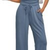 2 Piece Matching Summer Sweatsuit Lounge Set Womens Wide Leg Pants Side Ruching Crop Top Sets