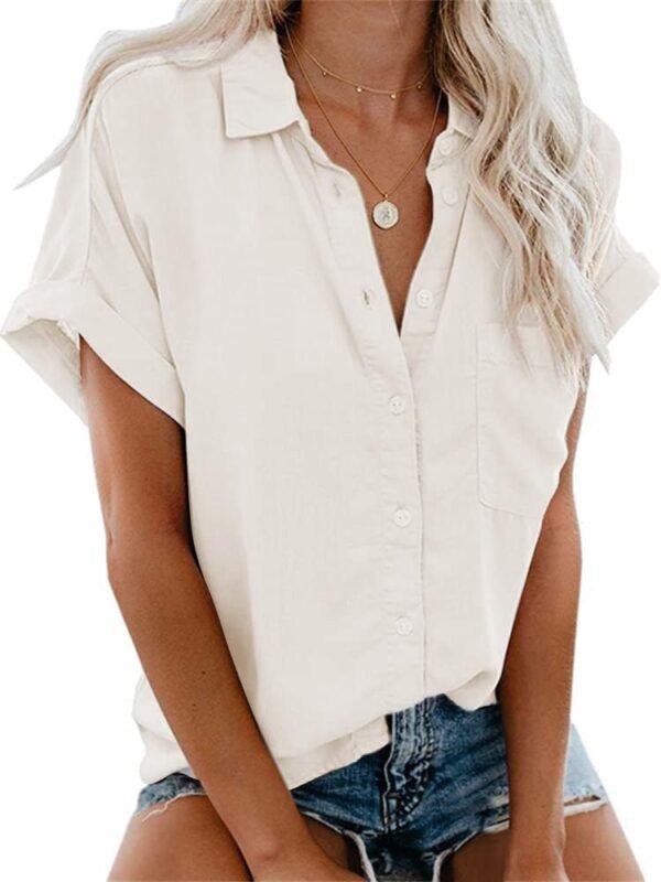 Womens Button Down Shirts Short Sleeve Linen Style Cotton Collared Button Up Casual Blouses Oversized Tops with Pocket