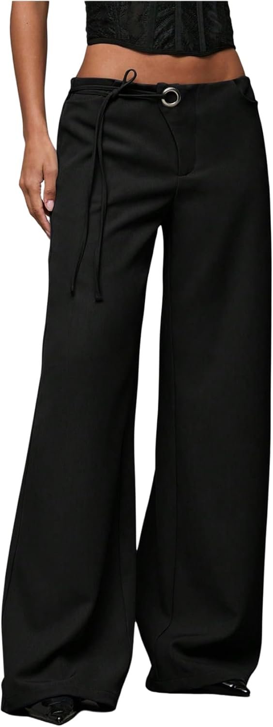 Women's Low Rise Waisted Dress Pants Wide Leg Straight Trousers Work Slacks Pants Business Casual Outfits