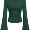Women's Long Sleeve Shirts 2025 Fall Crop Going Out Tops Casual Boat Neck Bell Sleeve Ribbed Ruched Y2K Clothes