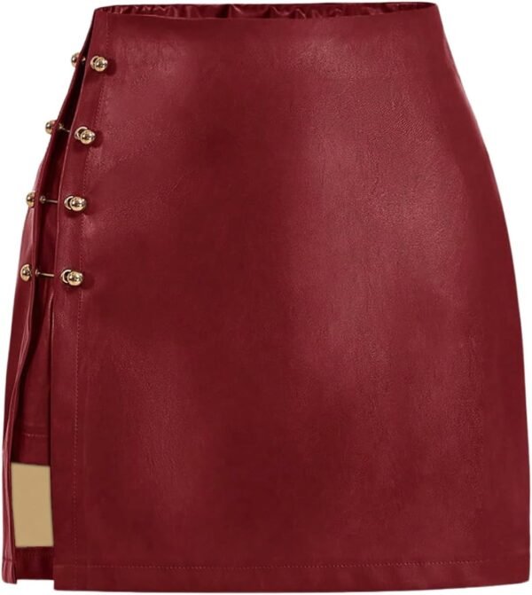 Women's Side Slit Metallic Trim High Waisted Faux Leather Short Skirts