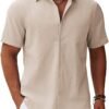 Men's Button Down Short Sleeve Shirt Casual Cotton Summer Beach Linen Wedding Shirts with Pocket