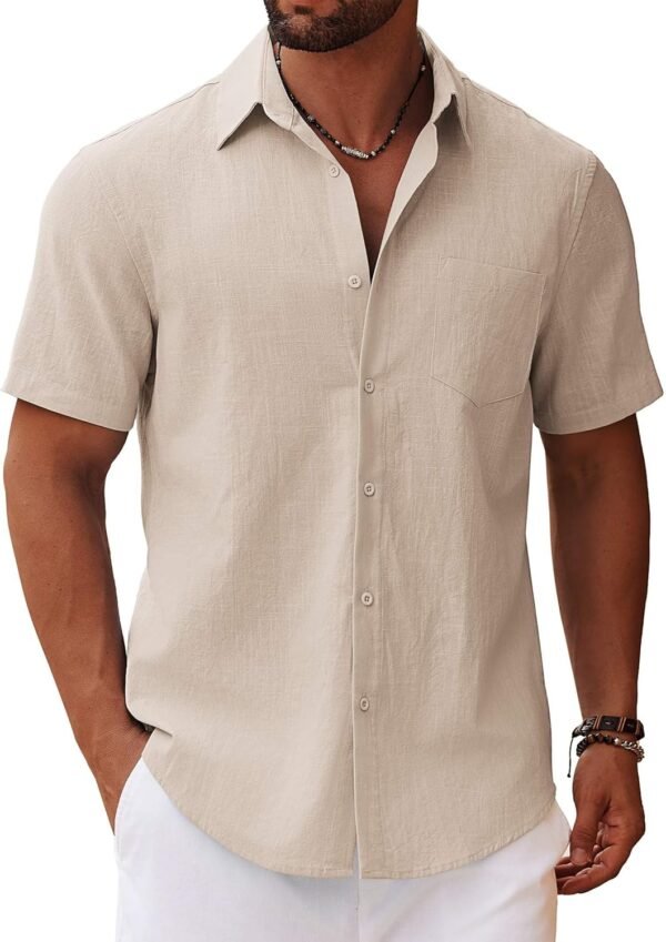 Men's Button Down Short Sleeve Shirt Casual Cotton Summer Beach Linen Wedding Shirts with Pocket
