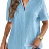 Women Linen Button Down Shirt Rolled Cuffed Short Sleeve Blouse Ladies Summer Casual V Neck Beach Cotton Tops