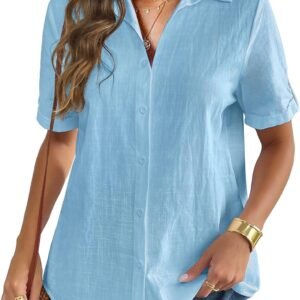 8a4fa01d437240c2b7feef579f7d3970 Women Linen Button Down Shirt Rolled Cuffed Short Sleeve Blouse Ladies Summer Casual V Neck Beach Cotton Tops