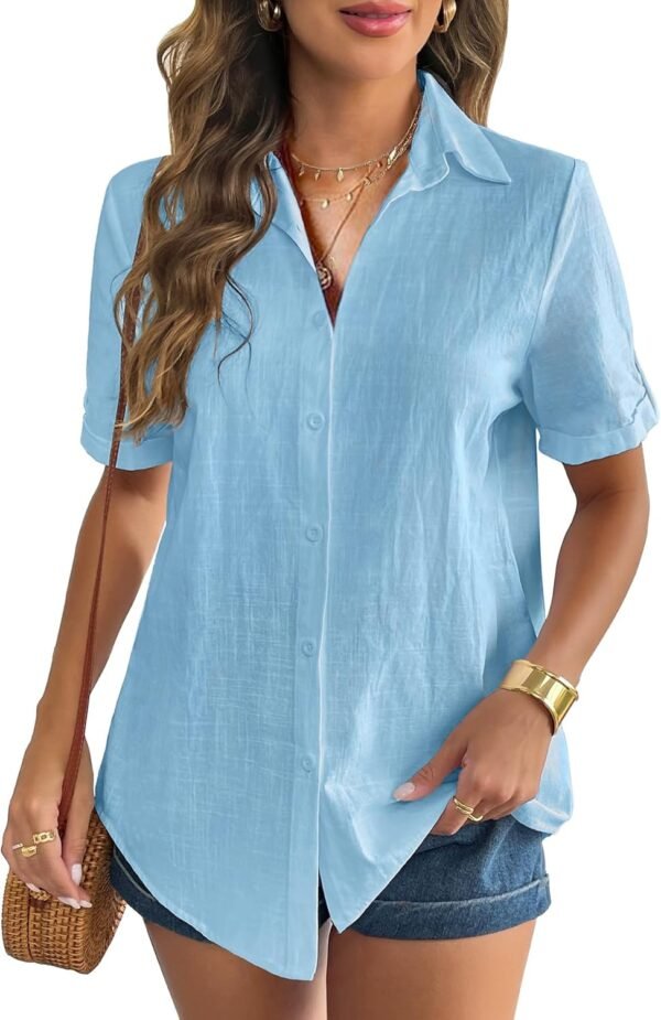 Women Linen Button Down Shirt Rolled Cuffed Short Sleeve Blouse Ladies Summer Casual V Neck Beach Cotton Tops