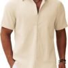Men's Button Down Short Sleeve Shirt Casual Cotton Summer Beach Linen Wedding Shirts with Pocket