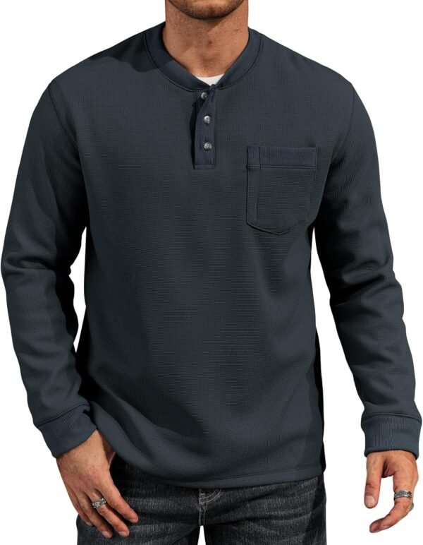 Mens Waffle Fleece-Lined Henley Shirts Heavyweight Thermal Long Sleeve Casual Solid Pullover (S-XXL)