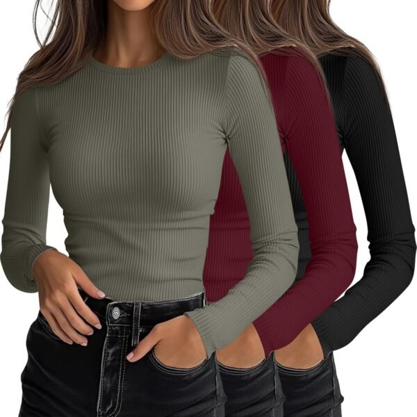 3 Pack Women's Ribbed Long Sleeve Tops. Crew Neck Slim Fit Undershirts Knit Basic Casual Stretch Layering Tee Shirts