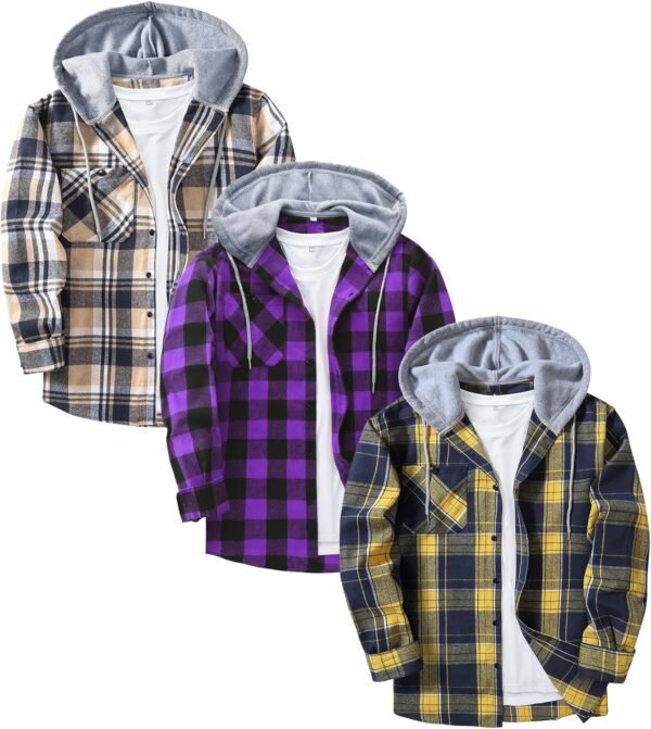 3 Pack Men's Flannel Hoodie Shirts Long Sleeve Casual Vintage Button Down Plaid Shirt Jacket with Pocket