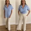Women Linen Button Down Shirt Rolled Cuffed Short Sleeve Blouse Ladies Summer Casual V Neck Beach Cotton Tops