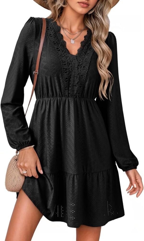 Fall Dresses for Women 2025 Elegant Lace Hollow Out Embroidered V Neck Long Sleeve Casual A-Line Swing Mini Dress