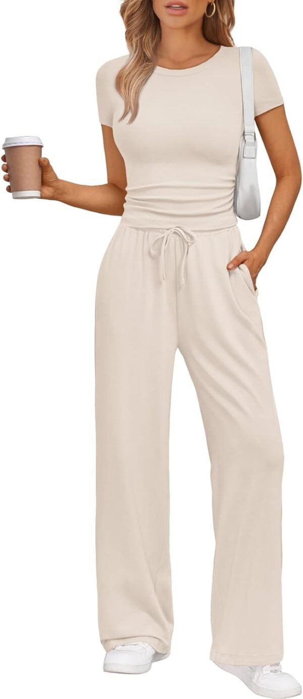 2 Piece Matching Summer Sweatsuit Lounge Set Womens Wide Leg Pants Side Ruching Crop Top Sets