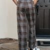 Plaid Pants for Women Wide Leg High Waisted Tartan Work Business Casual Elastic Waist Trousers Pants with Pocket