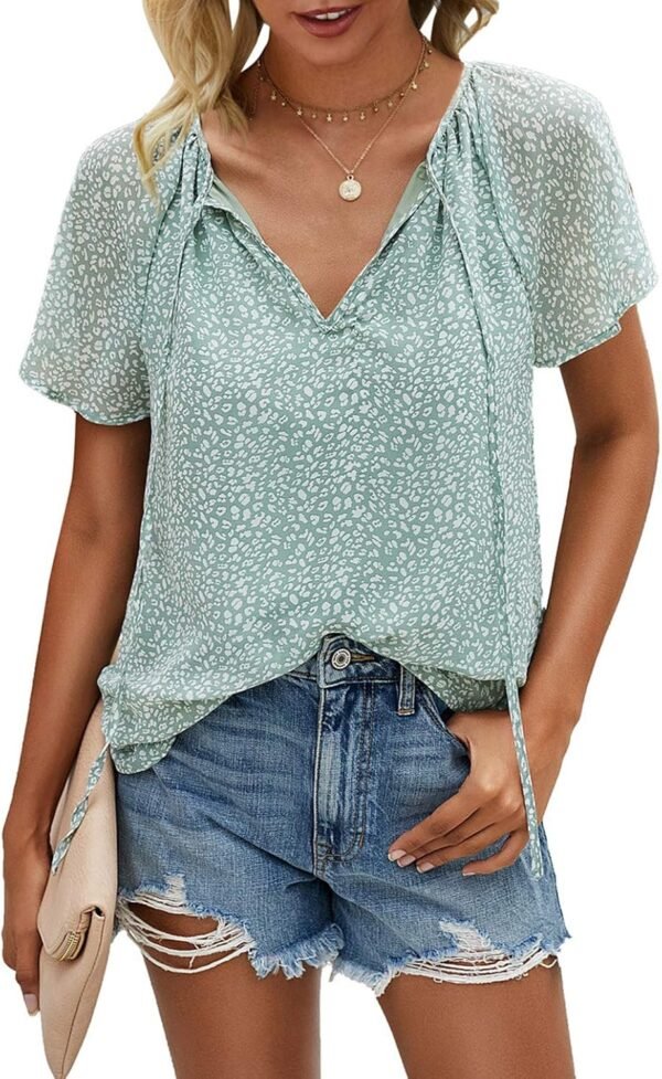 Women's Casual Floral Print V Neck Ruffle Short Sleeve Summer Shirts Tops Loose Blouses