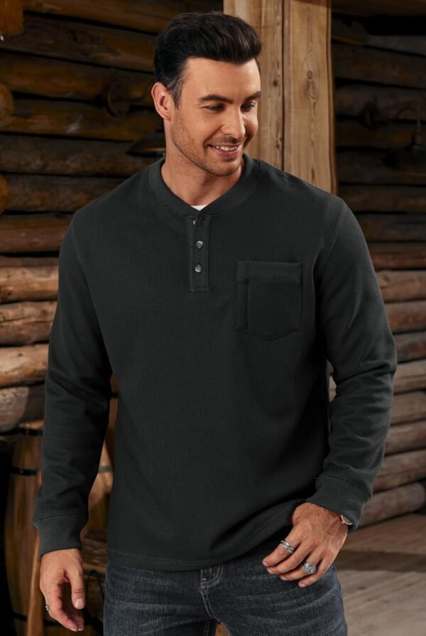 Mens Waffle Fleece-Lined Henley Shirts Heavyweight Thermal Long Sleeve Casual Solid Pullover (S-XXL)