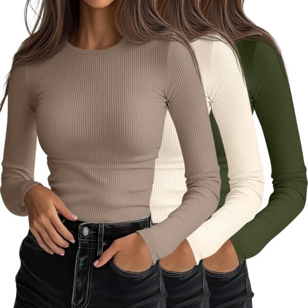 3 Pack Women's Ribbed Long Sleeve Tops. Crew Neck Slim Fit Undershirts Knit Basic Casual Stretch Layering Tee Shirts