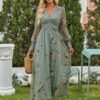 Women's Floral Maxi Dress 2025 Fall V Neck Puff Long Sleeve Flowy Casual Wedding Guest Tee Party Tulle Dresses