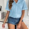 Women Linen Button Down Shirt Rolled Cuffed Short Sleeve Blouse Ladies Summer Casual V Neck Beach Cotton Tops