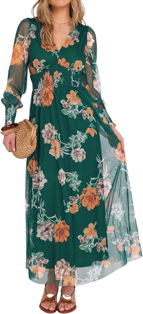 Women's Floral Maxi Dress 2025 Fall V Neck Puff Long Sleeve Flowy Casual Wedding Guest Tee Party Tulle Dresses