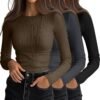 3 Pack Women's Ribbed Long Sleeve Tops. Crew Neck Slim Fit Undershirts Knit Basic Casual Stretch Layering Tee Shirts