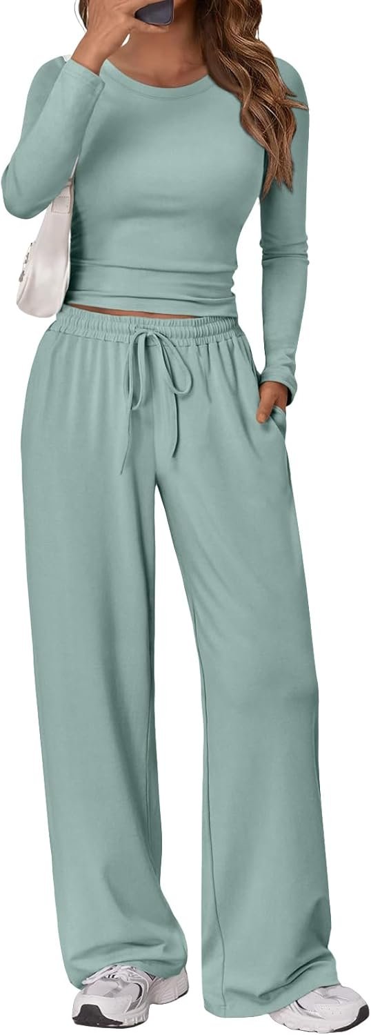Women's 2 Piece Matching Lounge Set Long Sleeve Slightly Crop Top Wide Leg Pants Casual Sweatsuit