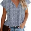 Women's Casual Floral Print V Neck Ruffle Short Sleeve Summer Shirts Tops Loose Blouses
