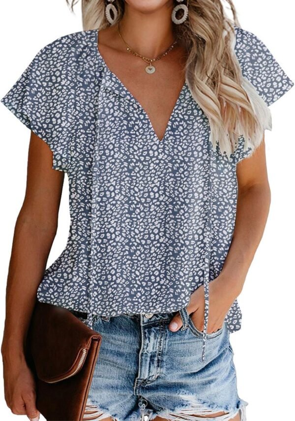 Women's Casual Floral Print V Neck Ruffle Short Sleeve Summer Shirts Tops Loose Blouses