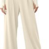 Women's Wide Leg Pants Elastic High Waisted Waffle Knit Casual Palazzo Pants Trousers with Pockets