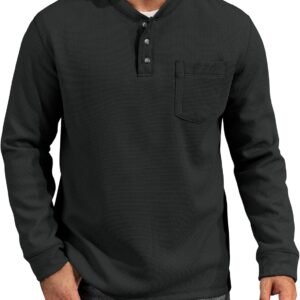 Mens Waffle Fleece-Lined Henley Shirts Heavyweight Thermal Long Sleeve Casual Solid Pullover (S-XXL)