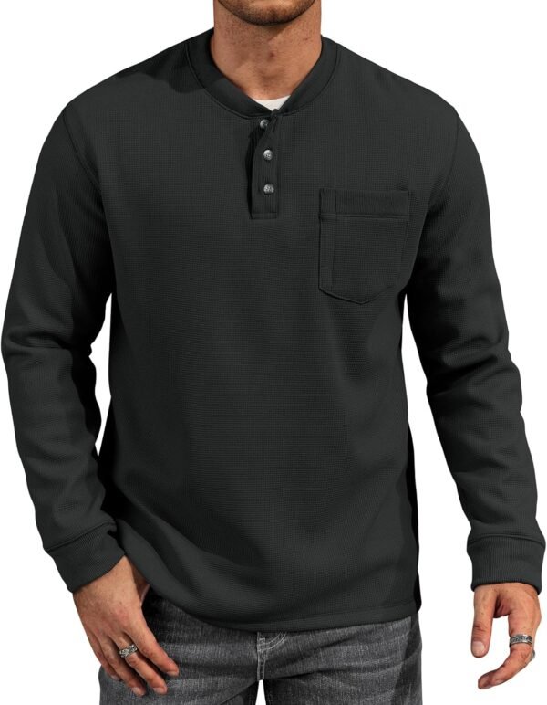 Mens Waffle Fleece-Lined Henley Shirts Heavyweight Thermal Long Sleeve Casual Solid Pullover (S-XXL)