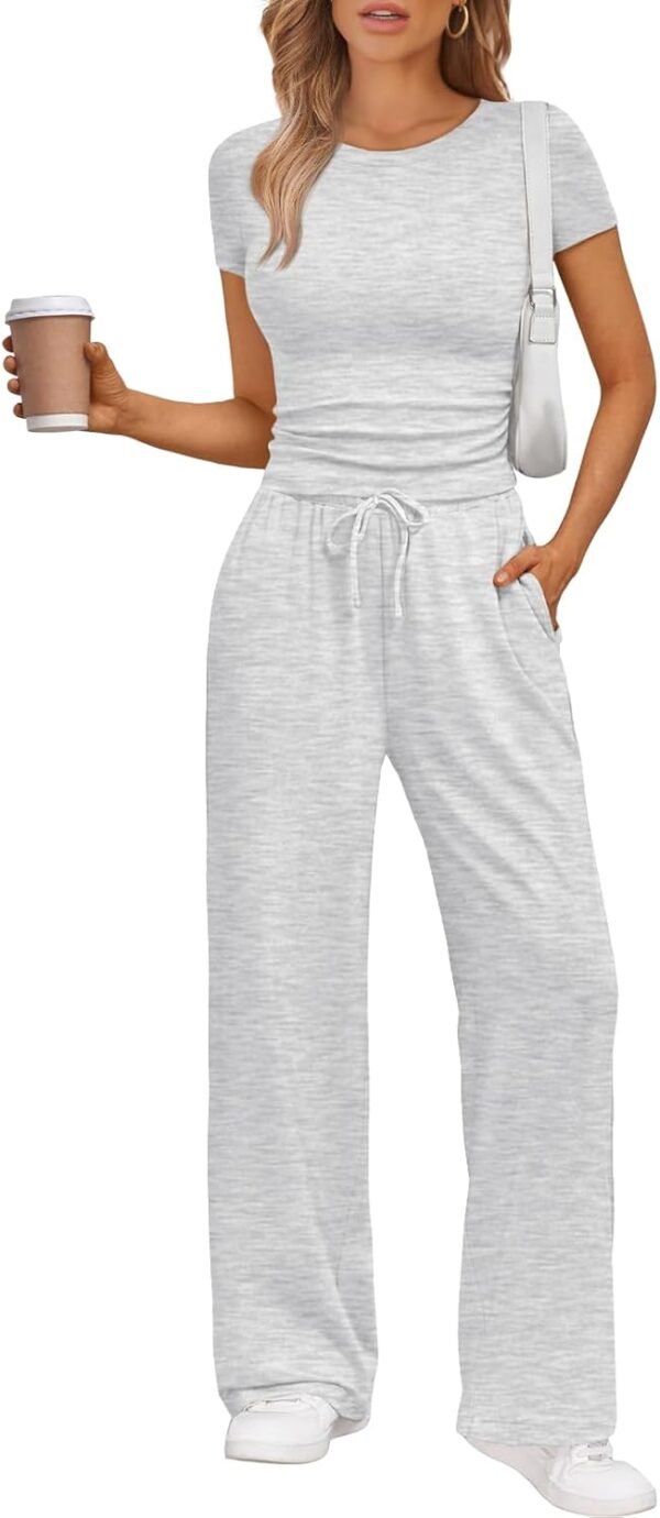 2 Piece Matching Summer Sweatsuit Lounge Set Womens Wide Leg Pants Side Ruching Crop Top Sets