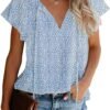 Women's Casual Floral Print V Neck Ruffle Short Sleeve Summer Shirts Tops Loose Blouses