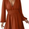 Mini Deep V Sexy Long Sleeve Dress for Women A-line High Waisted Casual Flowy Dress for Cocktail Wedding Guest