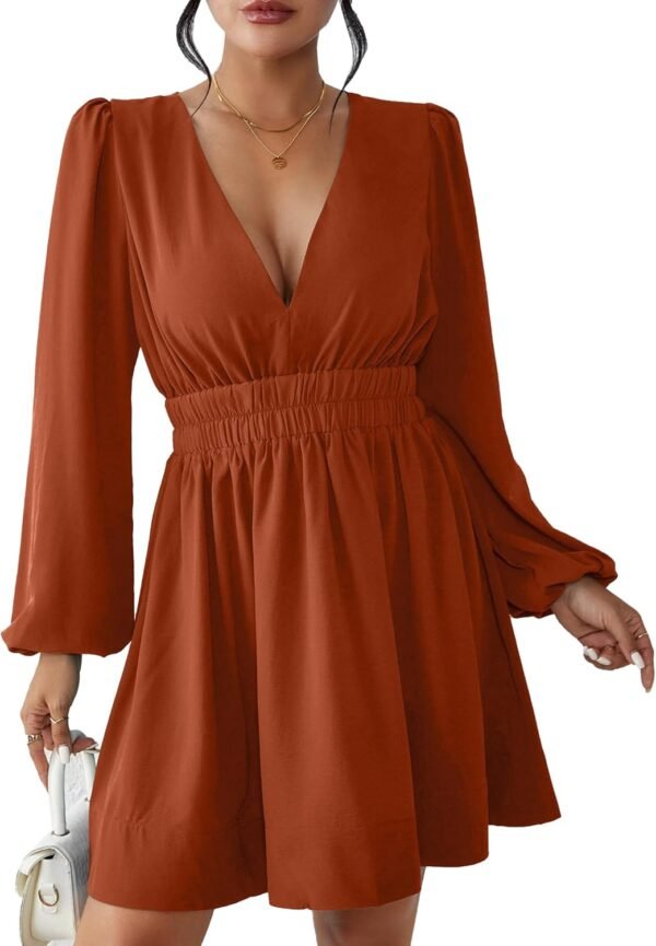 Mini Deep V Sexy Long Sleeve Dress for Women A-line High Waisted Casual Flowy Dress for Cocktail Wedding Guest
