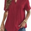 Women Linen Button Down Shirt Rolled Cuffed Short Sleeve Blouse Ladies Summer Casual V Neck Beach Cotton Tops