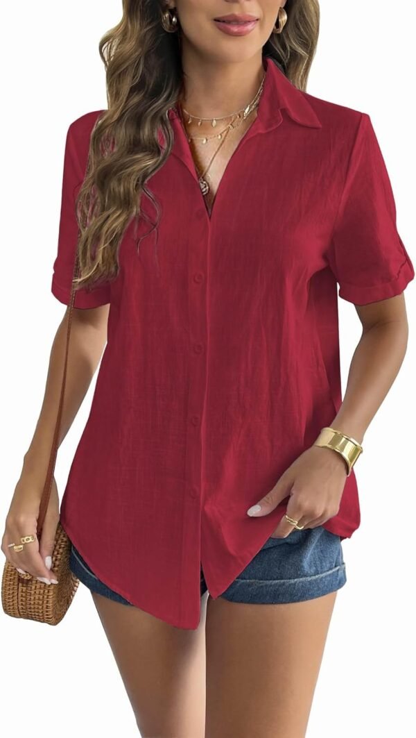 Women Linen Button Down Shirt Rolled Cuffed Short Sleeve Blouse Ladies Summer Casual V Neck Beach Cotton Tops