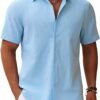 Men's Button Down Short Sleeve Shirt Casual Cotton Summer Beach Linen Wedding Shirts with Pocket