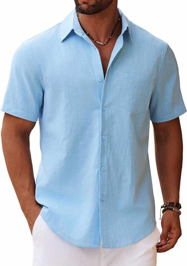 Men's Button Down Short Sleeve Shirt Casual Cotton Summer Beach Linen Wedding Shirts with Pocket