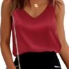 Womens Silk Satin Tank Tops V Neck Casual Cami Sleeveless Camisole Blouses Summer Basic Tank Shirt