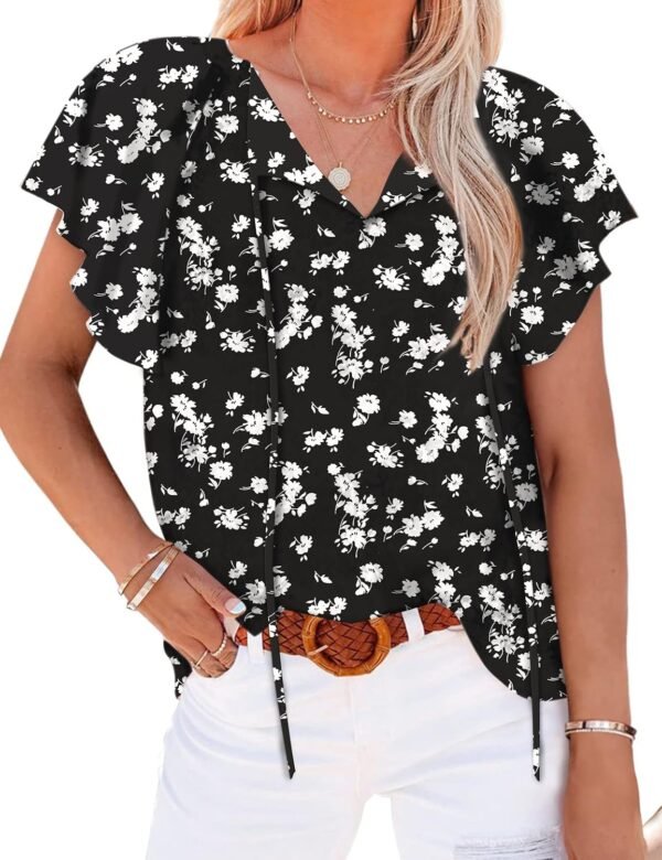 Women's Casual Floral Print V Neck Ruffle Short Sleeve Summer Shirts Tops Loose Blouses