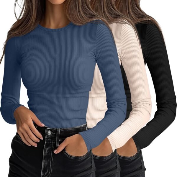 3 Pack Women's Ribbed Long Sleeve Tops. Crew Neck Slim Fit Undershirts Knit Basic Casual Stretch Layering Tee Shirts