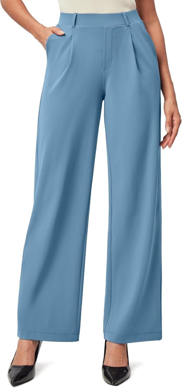 Womens Dress Pants Wide Leg Pull On Stretchy Work Pants Women High Waisted Business Casual Trousers with Pockets