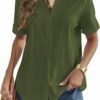 Women Linen Button Down Shirt Rolled Cuffed Short Sleeve Blouse Ladies Summer Casual V Neck Beach Cotton Tops