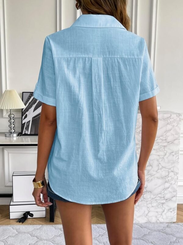 Women Linen Button Down Shirt Rolled Cuffed Short Sleeve Blouse Ladies Summer Casual V Neck Beach Cotton Tops