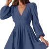 Mini Deep V Sexy Long Sleeve Dress for Women A-line High Waisted Casual Flowy Dress for Cocktail Wedding Guest