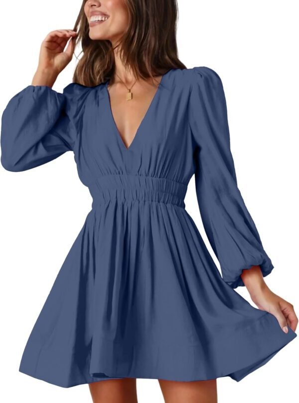 Mini Deep V Sexy Long Sleeve Dress for Women A-line High Waisted Casual Flowy Dress for Cocktail Wedding Guest