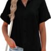 Women Linen Button Down Shirt Rolled Cuffed Short Sleeve Blouse Ladies Summer Casual V Neck Beach Cotton Tops