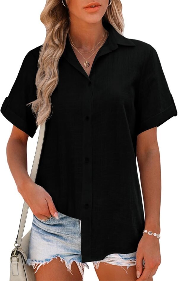 Women Linen Button Down Shirt Rolled Cuffed Short Sleeve Blouse Ladies Summer Casual V Neck Beach Cotton Tops